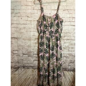 Monstera Printed Maxi Dress Womens XL Pink & Green Tiered Boho Tropical Flowy